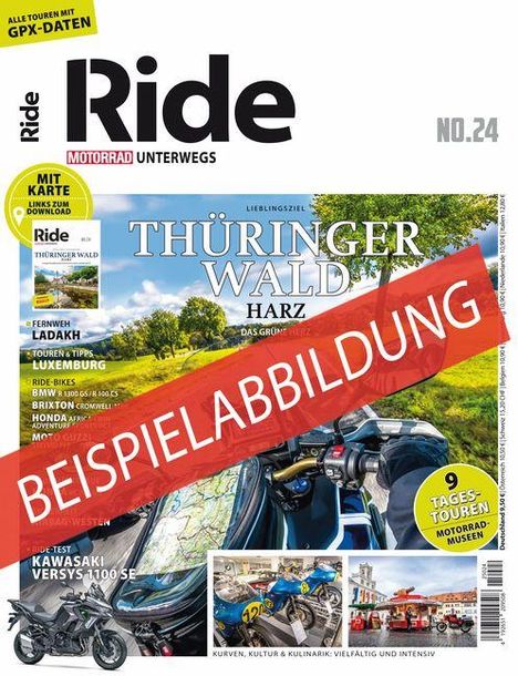 "BEISPIELABBILDUNG" in Großbuchstaben auf rotem Streifen; Titel "THÜRINGER WALD" darüber, Motorradzeitschrift.