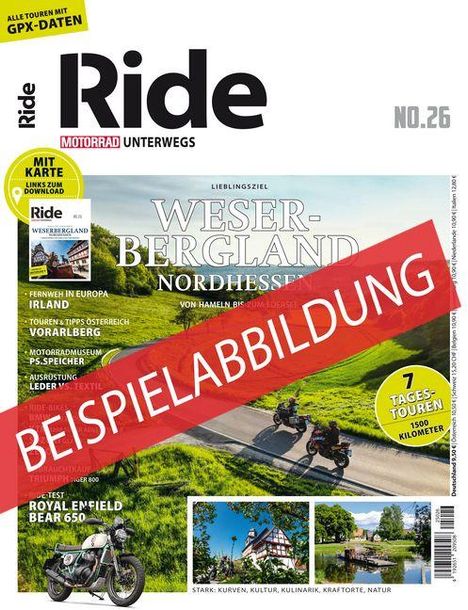 Text: "Weserbergland Nordhessen" und "BEISPIELABBILDUNG". 
Illustration: Motorradfahrer auf Landstraße, grüne Landschaft, Fachwerkhaus.