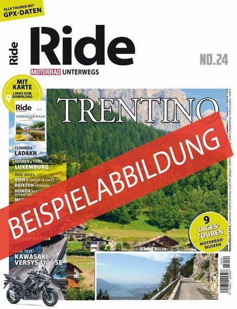 Text: "Beispielabbildung", "Trentino", "Mit Karte links zum Download", "9 Tagestouren Motorradmuseum". Eine Landschaft mit Bergen.