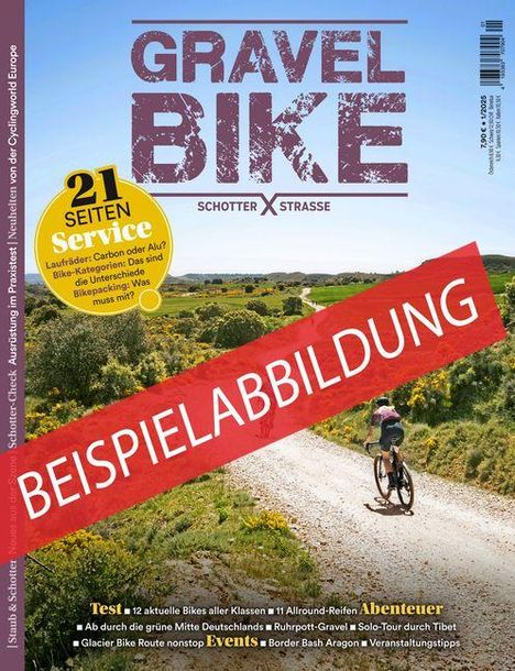 BEISPIELABBILDUNG, GRAVEL BIKE, 21 SEITEN SERVICE. Mountainbiker auf Schotterweg in ländlicher Landschaft bei klarem Himmel.