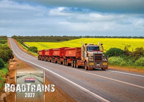 "ROADTRAINS 2021" und "FERNFAHRER KALENDER" zeigt einen großen LKW mit mehreren Anhängern auf einer Straße vor Feldern.