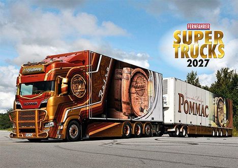 "FERNFAHRER SUPER TRUCKS 2027" in großen Buchstaben rechts oben; roter, detailliert verzierter Scania-Lkw.