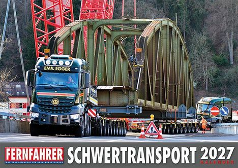 Text: "FERNFAHRER SCHWERTRANSPORT 2027 KALENDER". Ein großer Lkw transportiert ein massives Brückenteil.