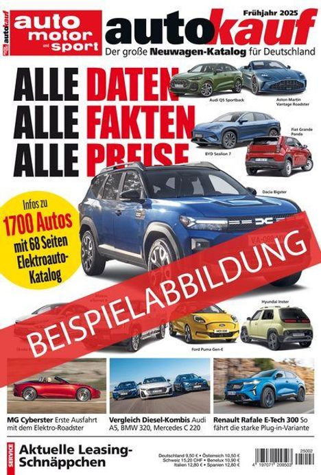 "ALLE DATEN, ALLE FAKTEN, ALLE PREISE. Infos zu 1700 Autos... BEISPIELABBILDUNG." Autos auf weißem Hintergrund.