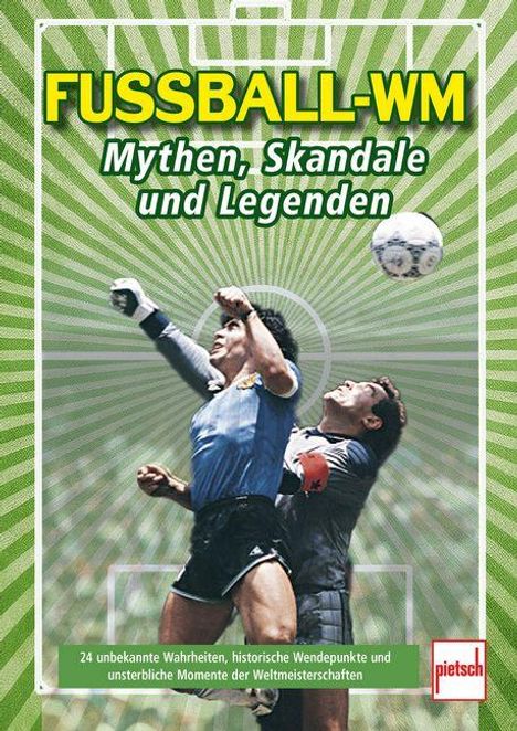 "FUSSBALL-WM: Mythen, Skandale und Legenden." Zwei Fußballspieler kämpfen in der Luft um den Ball.