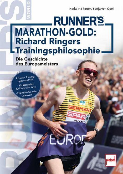 "MARATHON-GOLD: Richard Ringers Trainingsphilosophie. Die Geschichte des Europameisters." Läufer in Siegerpose.