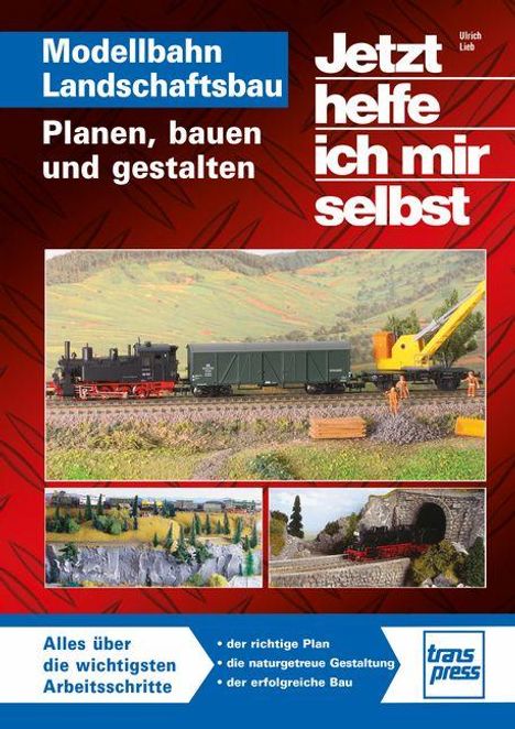 "Modellbahn Landschaftsbau: Planen, bauen und gestalten. Jetzt helfe ich mir selbst. Alles über die wichtigsten Arbeitsschritte." 

Ein Modellzug fährt durch eine detaillierte Landschaft.