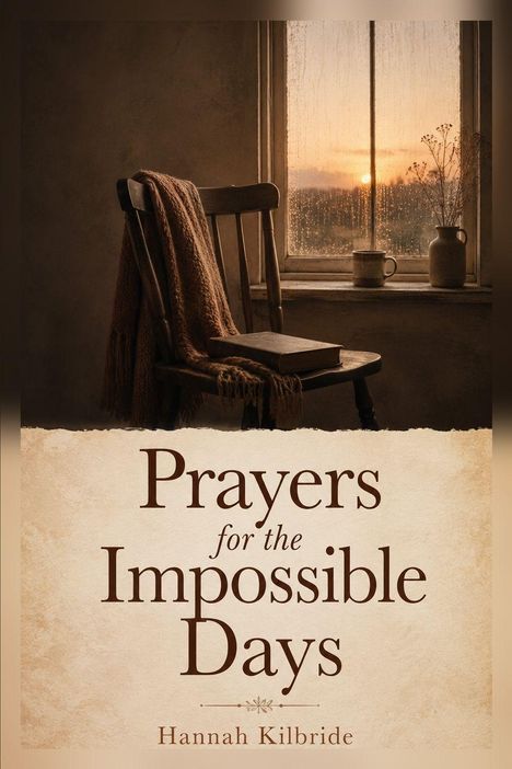 „Prayers for the Impossible Days“ von Hannah Kilbride. Ein ruhiger Raum mit Stuhl, Buch, Tasse und Sonnenuntergang.