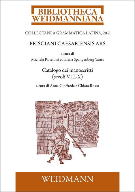 Text: "BIBLIOTHECA WEIDMANNIANA, PRISCIANI CAESARIENSIS ARS, Catalogo dei manoscritti (secoli VIII-X)". Darunter eine mittelalterliche Illustration.
