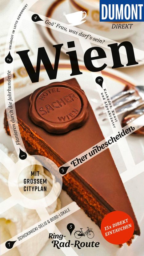 Die Wörter "Wien", "MIT GROSSEM CITYPLAN", "15× DIREKT EINTAUCHEN" sind sichtbar. Eine Sachertorte ist abgebildet.