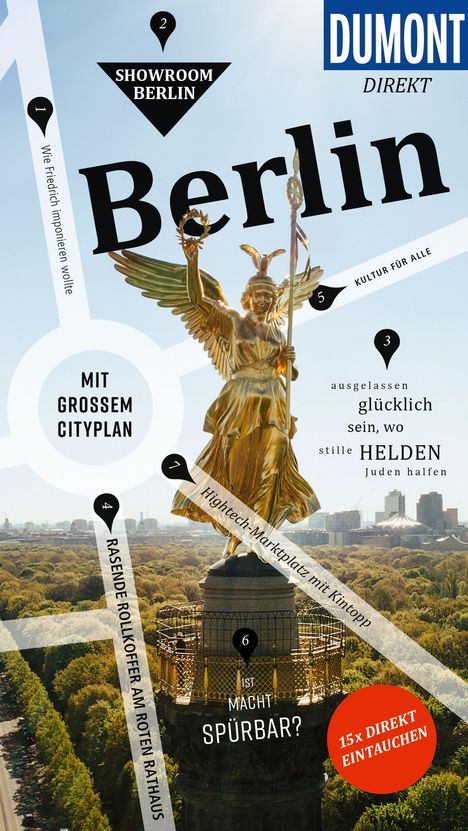 DUMONT DIREKT, Berlin, mit großem Cityplan, Showroom Berlin, Kultur für alle, Hightech-Marktplatz, Goldene Statue auf Säule.