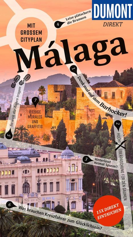 Text: "Mit großem Cityplan", "Málaga", "Leise plätschern die Brunnen". Illustration: Stadtansicht bei Sonnenuntergang.