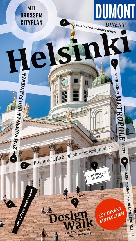 Texte: "Helsinki", "Mit großem Cityplan", "Dumont direkt", "Endstation Wahrzeichen", "Metropole". Im Hintergrund ein historisches Gebäude mit Kuppeln.