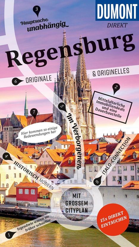 „Regensburg“, „Hier kommen so einige Redewendungen her“. Illustration mit einer Stadtansicht, im Hintergrund ein Dom.