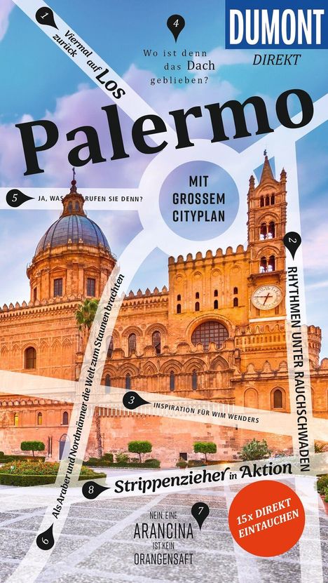 Ein Reiseführer-Cover mit großem "Palermo"-Schriftzug vor einem historischen Gebäude. Enthält markante Punkte und einen Cityplan.