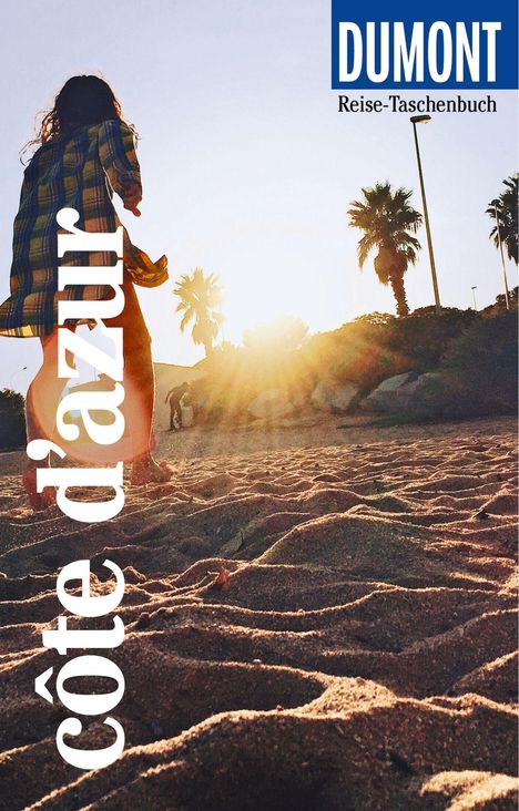 Text: "côte d'azur", "DUMONT", "Reise-Taschenbuch". Eine Person am Strand bei Sonnenuntergang, Palmen im Hintergrund.