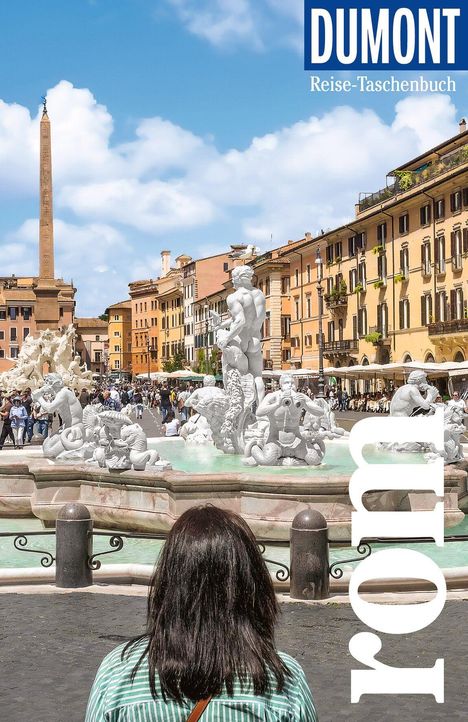 Text: "DUMONT Reise-Taschenbuch", "rom". Eine Frau betrachtet einen belebten Platz mit einem Brunnen und einem Obelisken.