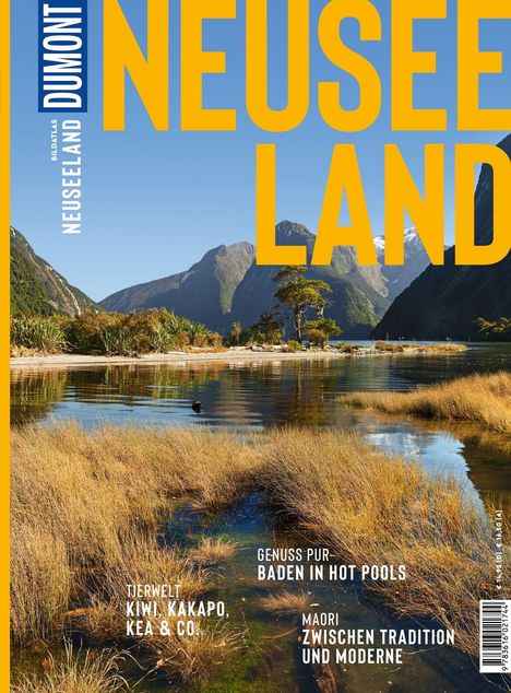 Text: NEUSEELAND, TIERWELT KIWI, KAKAPO, KEA & CO, GENUSS PUR: BADEN IN HOT POOLS, MAORI: ZWISCHEN TRADITION UND MODERNE.  
Szene: See, Berge, blauer Himmel.