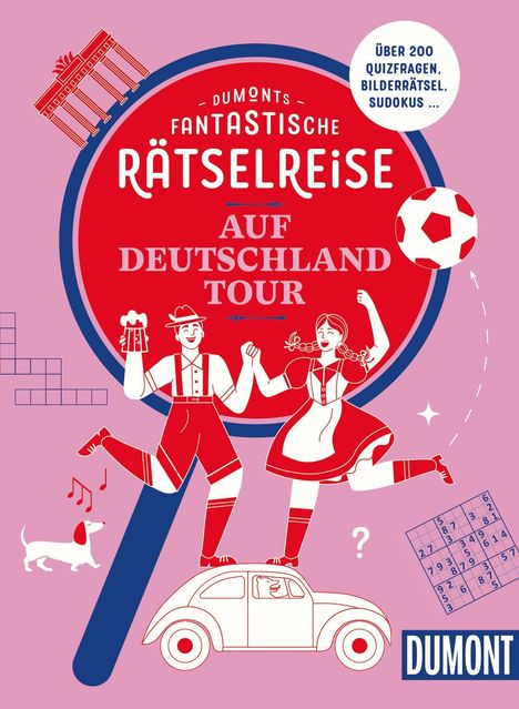 "Dumonts Fantastische Rätselreise auf Deutschland Tour" in retro Design mit tanzenden Figuren und typisch deutschen Elementen.