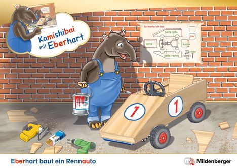 Nicole Brandau: Kamishibai mit Eberhart - Eberhart baut ein Rennauto - Set, Buch