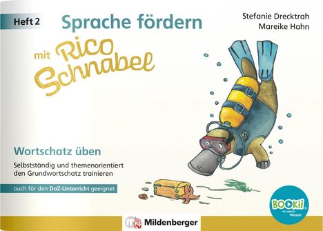 Heft 2: Sprache fördern mit Rico Schnabel. Wortschatz üben. Illustration eines tauchenden Schnabeltiers mit Schatztruhe.
