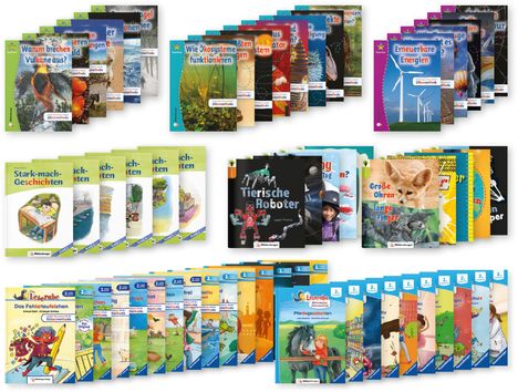 Viele bunte Kinderbuchcover mit Titeln wie „Warum brechen Vulkane aus?“ und „Tierische Roboter“, einige mit Naturmotiven.