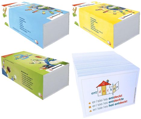 Texte: Ankerbilder, Lautgebärden, Verben. Illustration von Wortarten mit bunten Boxen und Karten.