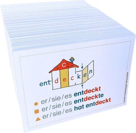 "er/sie/es entdeckt, entdeckte, hat entdeckt. Illustration eines Hauses mit geöffnetem Tor, Buchstaben 'entdecken'."