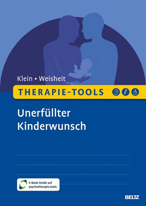 Text: "Klein • Weisheit", "THERAPIE-TOOLS", "Unerfüllter Kinderwunsch"; Illustration: Drei Figuren, Personen mit Baby.