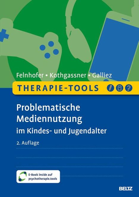 "Therapie-Tools: Problematische Mediennutzung im Kindes- und Jugendalter, 2. Auflage." Oben Illustrationen von Controller, Kopfhörer, Smartphone.