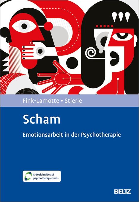 "Scham: Emotionsarbeit in der Psychotherapie" steht auf blauem Hintergrund, darüber eine moderne, abstrakte Illustration.