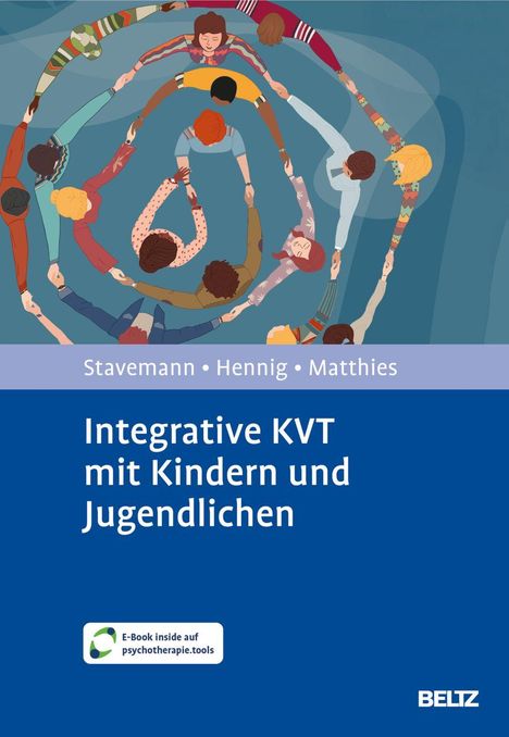 Text: "Integrative KVT mit Kindern und Jugendlichen". Illustration: Menschen tanzen im Kreis und halten sich an den Händen.