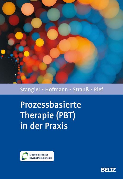„Prozessbasierte Therapie (PBT) in der Praxis“ steht auf blauem Hintergrund. Bunte Kreise im Muster oben links.