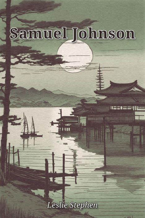 „Samuel Johnson“, darunter „Leslie Stephen“, Illustration eines Sees mit Booten, Pagode, Berge und Mond im Hintergrund.