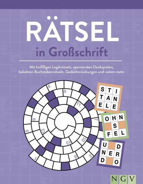 "RÄTSEL in Großschrift" steht über einem spiralförmigen Raster mit Zahlen. Drei Wortgitter zeigen Buchstaben. Logo rechts unten: "NGV".