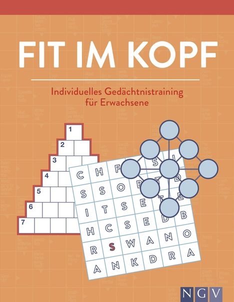 "FIT IM KOPF - Individuelles Gedächtnistraining für Erwachsene." Kreuzworträtsel, Molekülstruktur, Logo "NGV".
