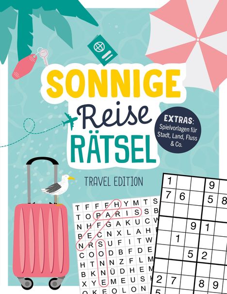 "Sonnige Reise Rätsel. Extras: Spielvorlagen für Stadt, Land, Fluss & Co." Sonnenliege, Koffer, Möwe, Palmen und ein Rätsel.