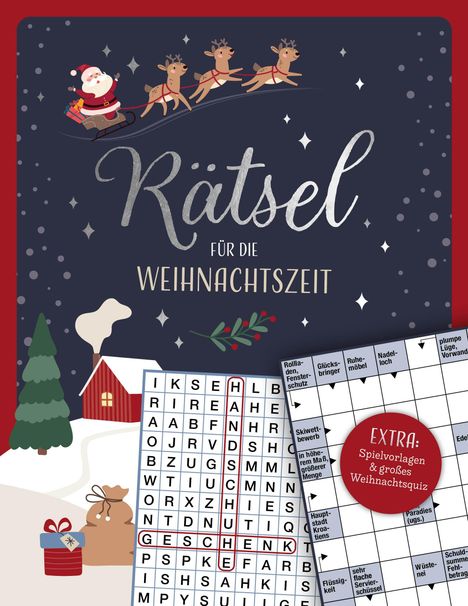 „Rätsel für die Weihnachtszeit“, oben ein Weihnachtsmann mit Rentieren, unten ein Wortsuchrätsel und ein Kreuzworträtsel.