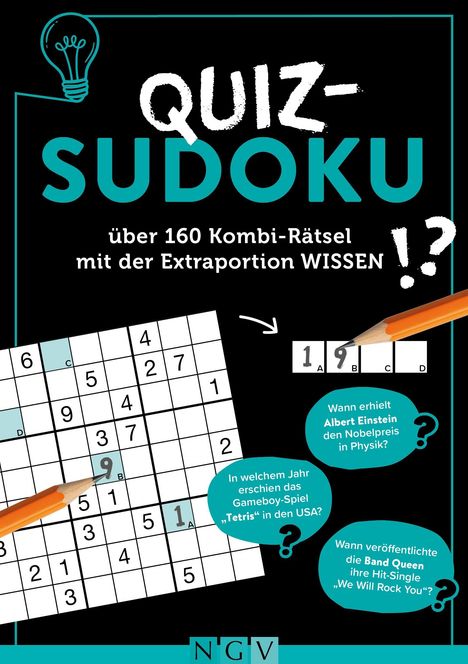 „Quiz-Sudoku, über 160 Kombi-Rätsel mit der Extraportion Wissen.“ Sudoku-Gitter, Sprechblasen mit Quizfragen, Stift.