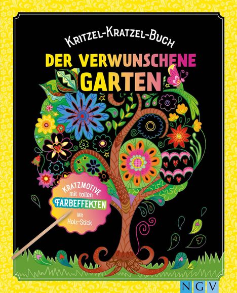 "Kritzel-Kratzel-Buch: Der verwunschene Garten. Kratzmotive mit tollen Farbeffekten. Mit Holz-Stick. Buntes Baumdesign."