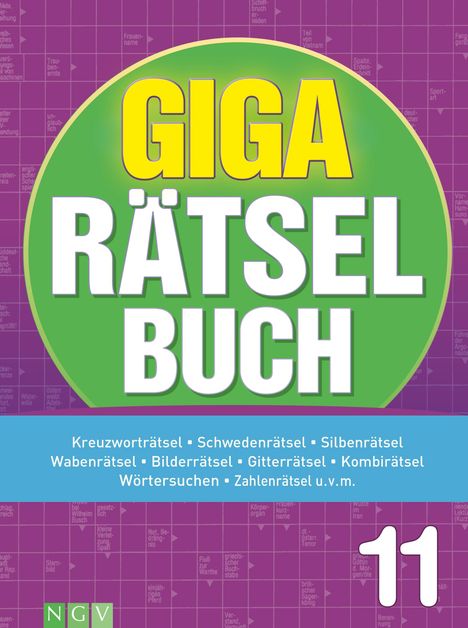 GIGA RÄTSEL BUCH. Kreuzworträtsel, Schwedenrätsel, Silbenrätsel u.v.m. Lilafarbener Hintergrund mit Rätselmuster.