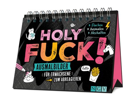 „HOLY FUCK! Ausmalbilder für Erwachsene zum Abreagieren“ steht in großen Buchstaben. Comic-Design mit Witzfiguren.