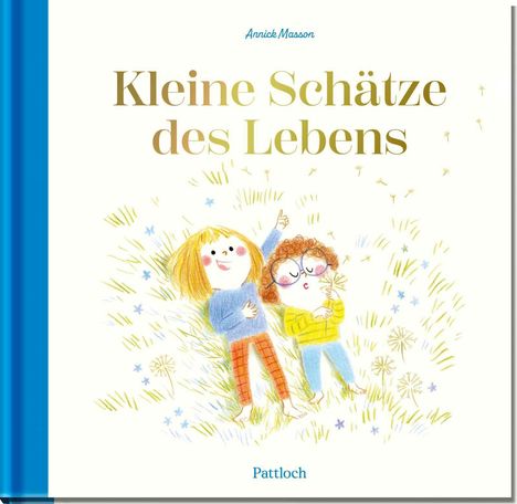 „Kleine Schätze des Lebens“ steht in der Mitte. Zwei Kinder liegen lächelnd auf einer blumigen Wiese.