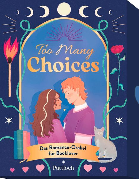 "Too Many Choices. Das Romance-Orakel für Booklover." Illustration: Ein Paar steht vor einem blauen Hintergrund mit Katze.