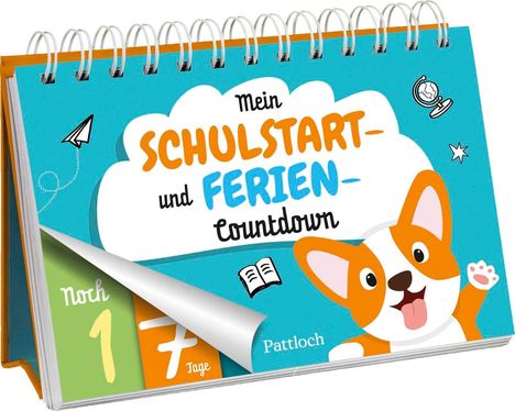 Kalender mit Text: "Mein SCHULSTART- und FERIEN-Countdown". Ein Hund zeigt fröhlich und es gibt Symbole wie ein Papierflugzeug.
