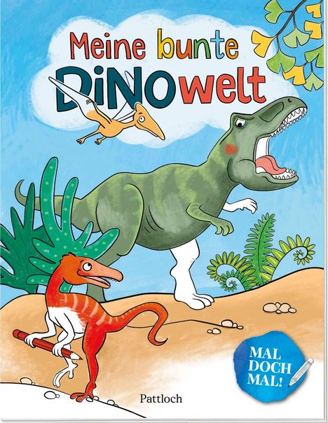 "Meine bunte DINOweld" und "MAL DOCH MAL!". Illustration mit fröhlichen Dinos und Pflanzen auf hellblauem Hintergrund.