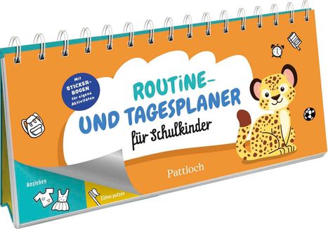 "Routine- und Tagesplaner für Schulkinder" auf orangefarbenem Hintergrund, ein gezeichneter Leopard und Illustrationen.