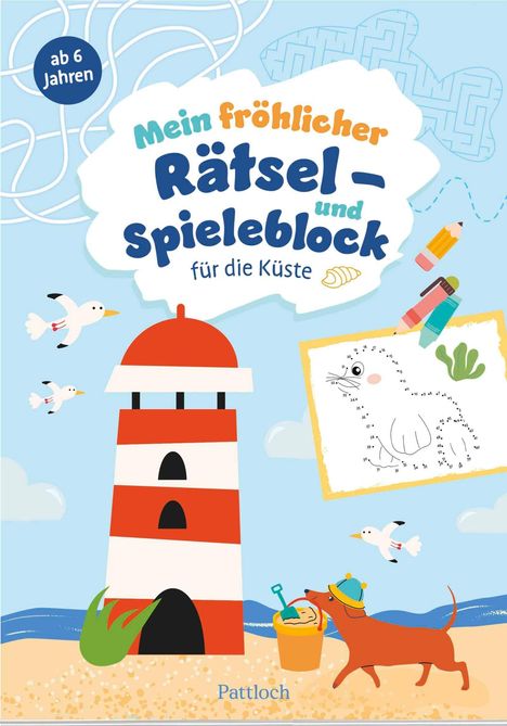 „Mein fröhlicher Rätsel- und Spieleblock für die Küste“, ab 6 Jahren. Ein Leuchtturm, Vögel und ein Hund am Strand.