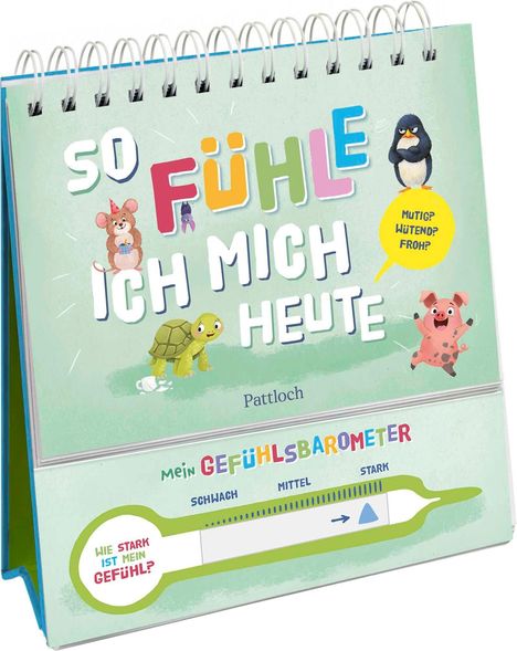 „So fühle ich mich heute. Mutig? Wütend? Froh?“ Tiere umrahmen den Text. Unten: „Mein Gefühlsbarometer“.