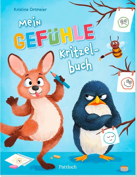 „Mein Gefühle Kritzelbuch“ auf hellblauem Hintergrund. Ein fröhliches Känguru und ein mürrischer Pinguin mit Zeichnungen.